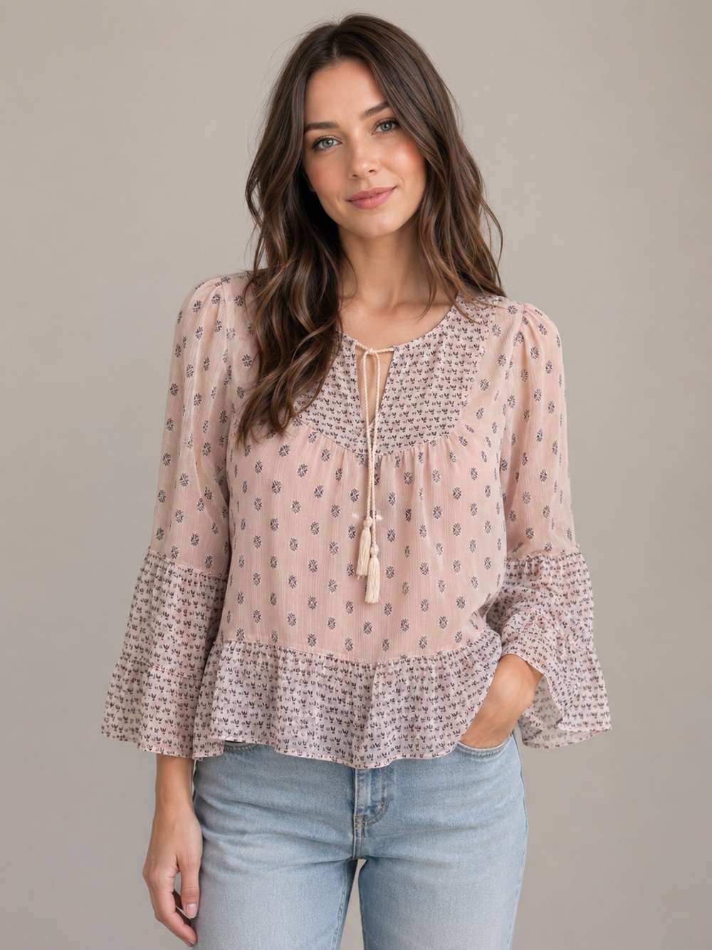 Abercrombie & Fitch flowy boho light pink print tassel top blouse medium